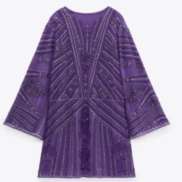 ZARA SHORT  Beaded Purple Tunic  Dress Size S-M Embroidered - Picture 2 of 9